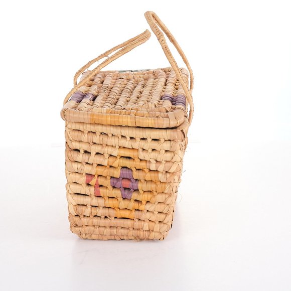 Multi-Colored Ethnic Straw & Reams Floral Pattern Picnic Basket - Picture 2 of 9